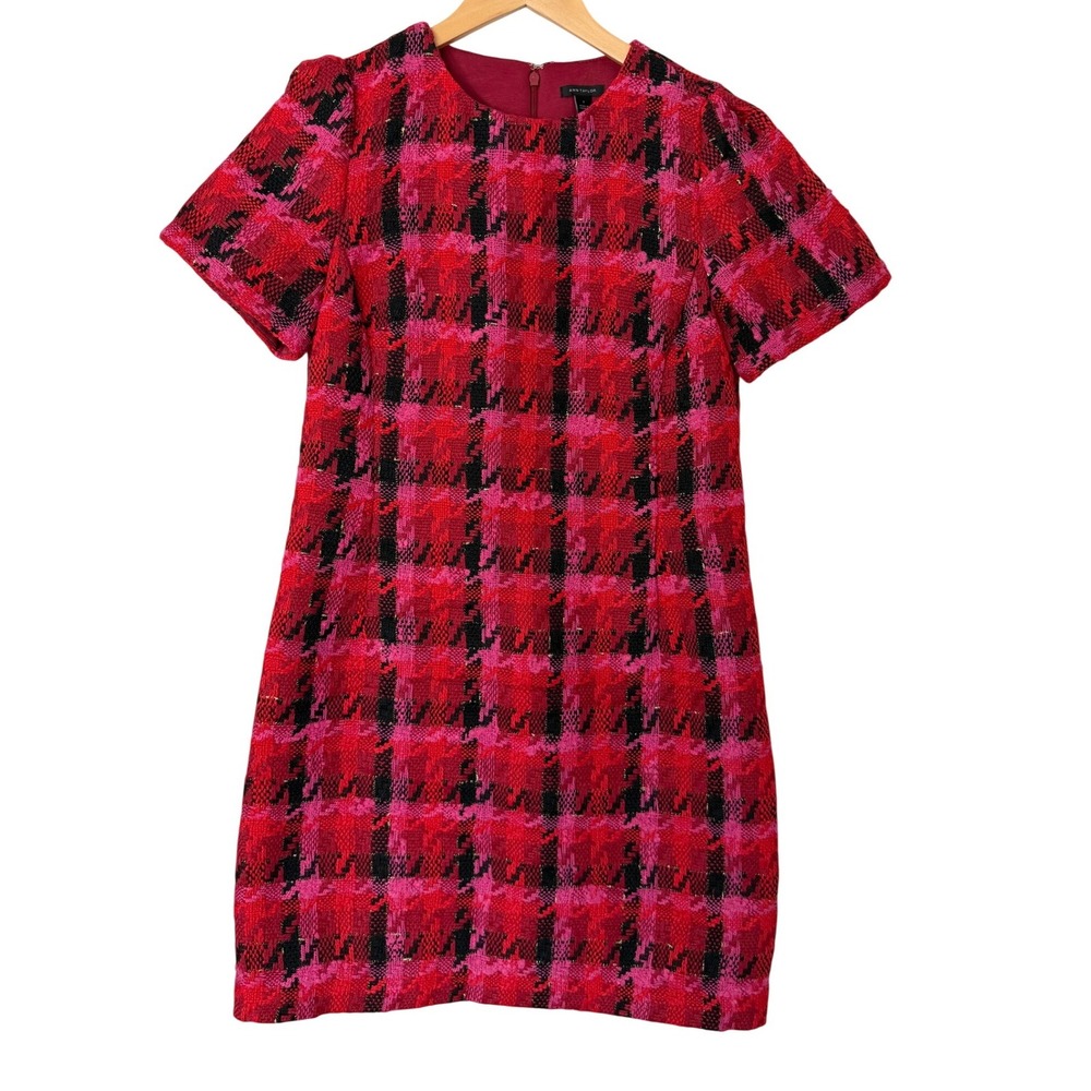 Ann Taylor Red Pink Plaid Tweed Shift Dress Metallic Short Sleeve Size 6 833789